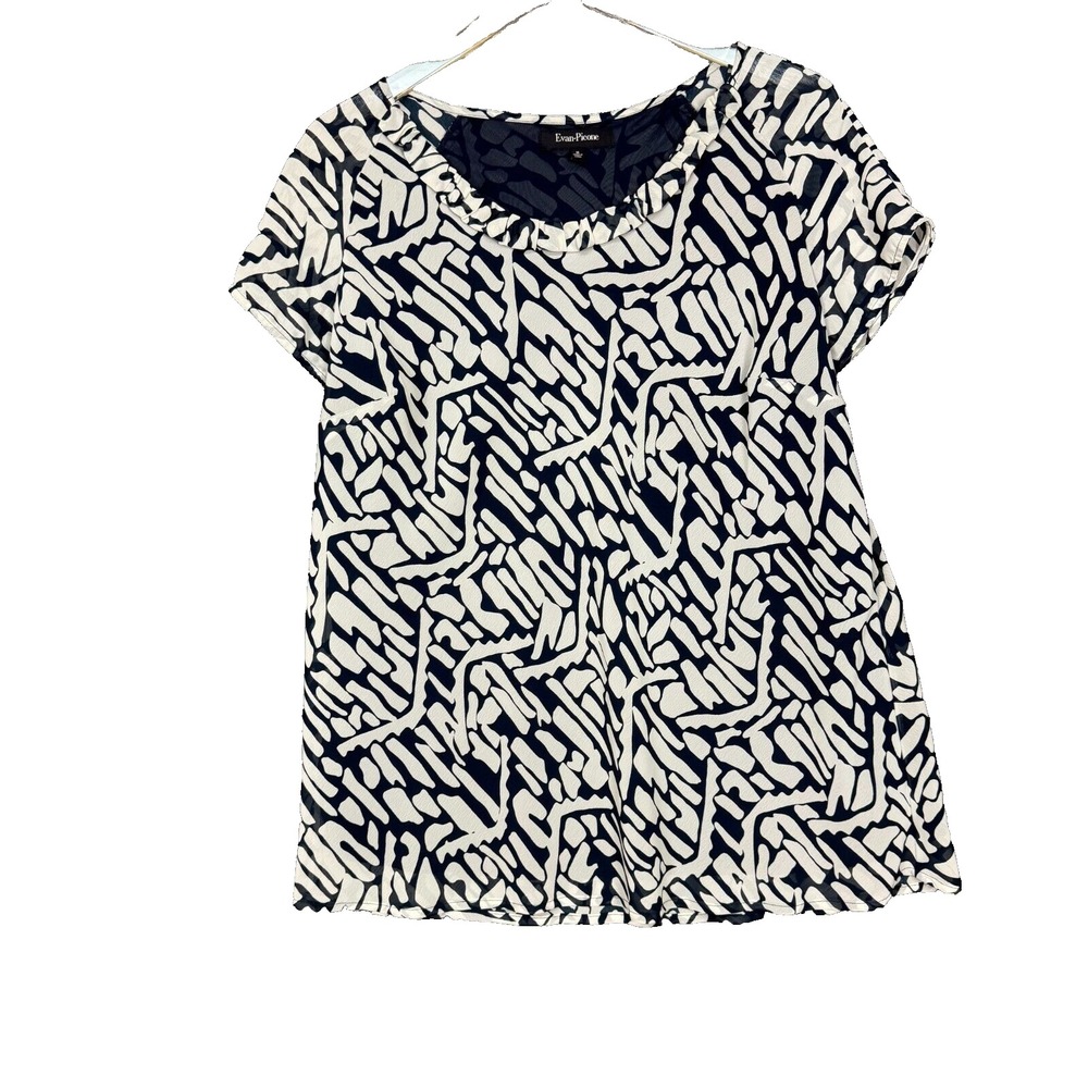 Evan Picone Shirt Womens 16 Blue White Geometric Print Blouse Lined A-Line